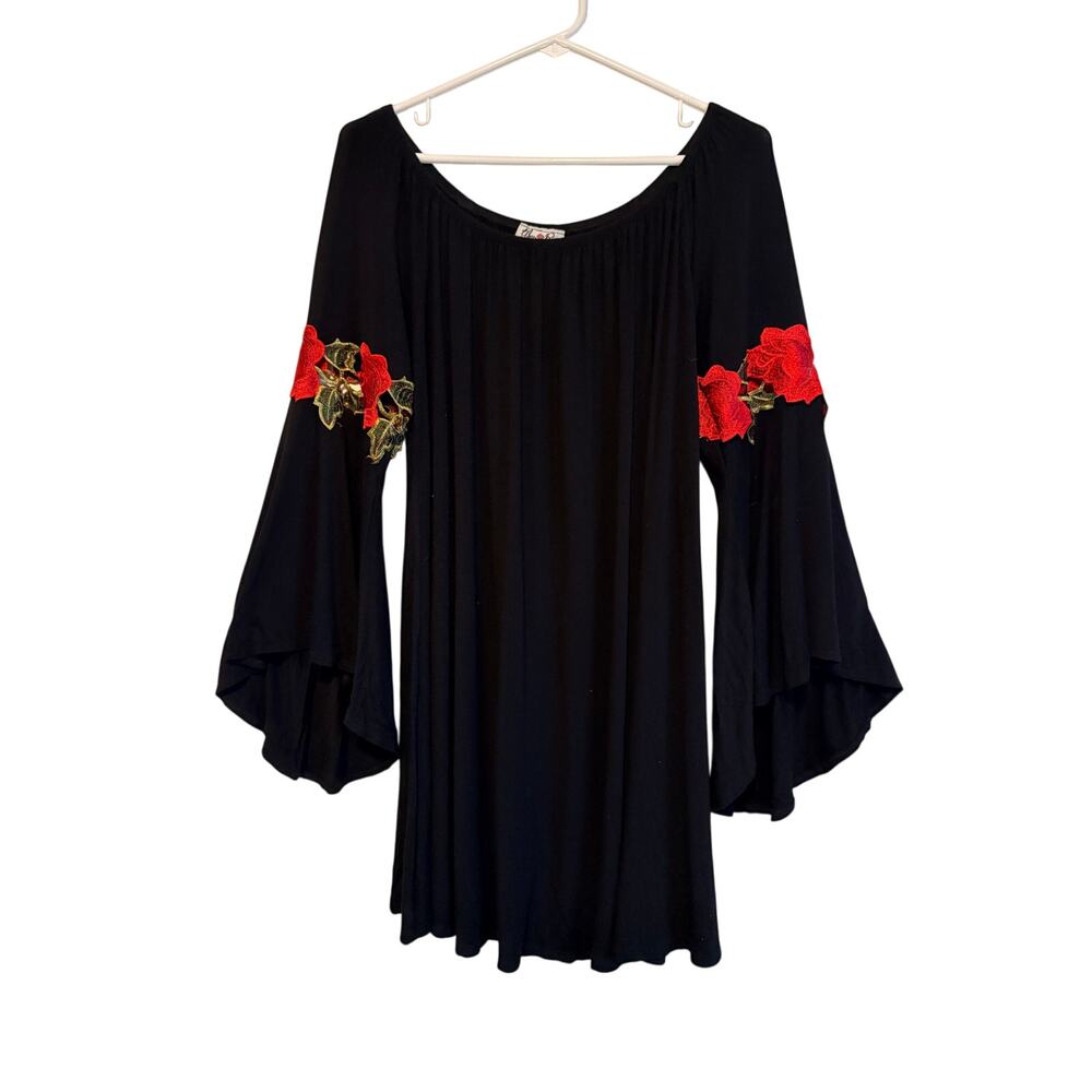 Urban Rose Black Mini Dress Long Bell Sleeves Red Rose Embroidery 1X Whimsigoth